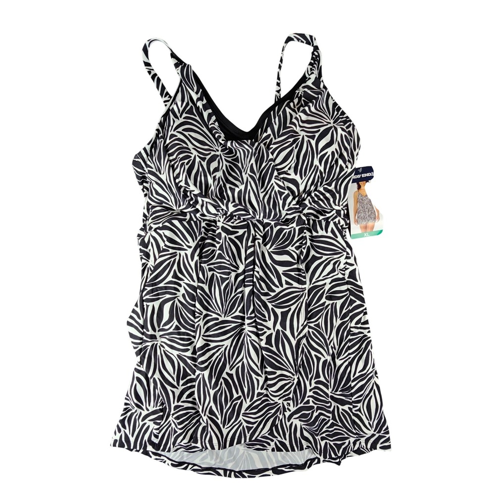 Lands End Womens XL Black White Leaf Print Swim Dress UPF 50+ NEW 1837629